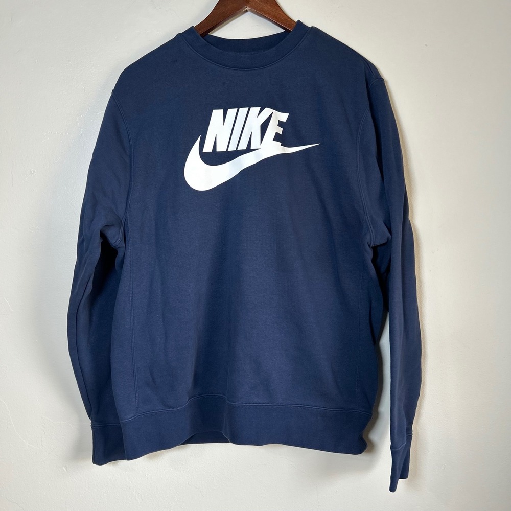 Nike Sweatshirt Mens Medium Navy Blue Sportswear Futura‎ Logo Fleece Pullover